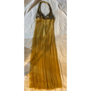 Gold Yellow Sequin Halter Gown Maxi Dress Pleated Prom Formal Evening Gala
